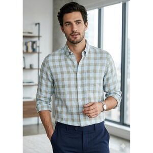 Scott Barber Button Down Shirt Mens SZ L Blue Tan 100% Linen Gingham Plaid